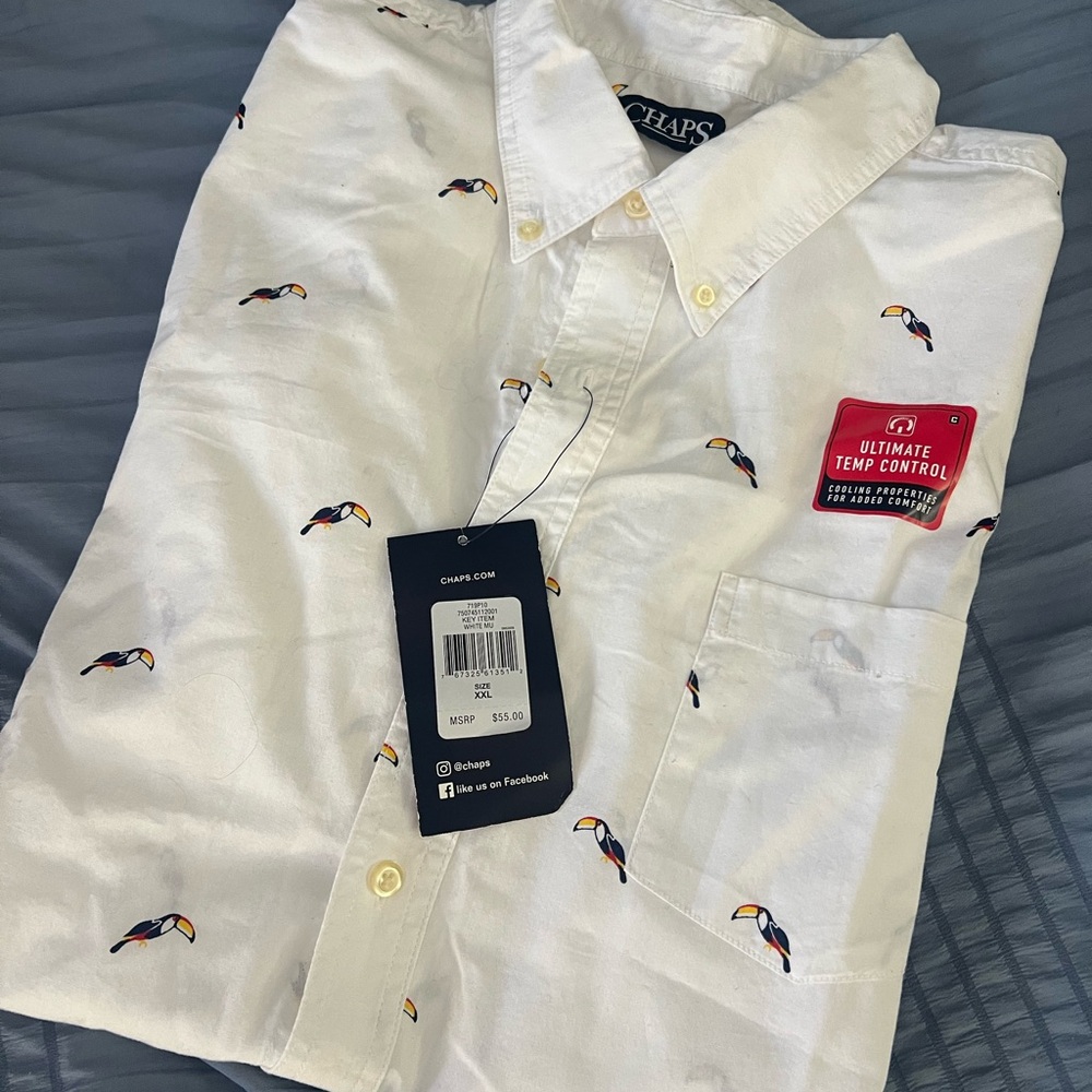 Chaps White Short-Sleeve Toucan Embroidered Button-Down Shirt Men’s XXL